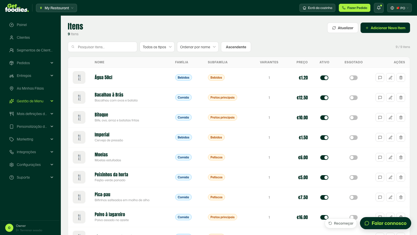 Ativar e desativar itens do menu em tempo real no dashboard GetFoodies