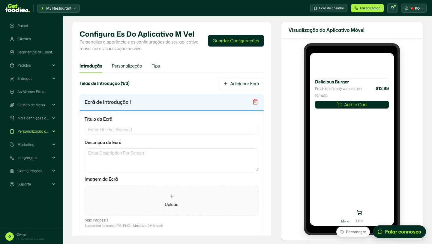 Ecrã de personalização da app com a marca do restaurante