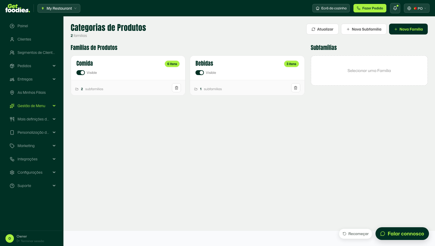 Ecrã de gestão de famílias de produtos