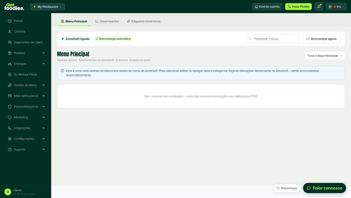 Gestão de menu pronta a receber pedidos no dashboard GetFoodies