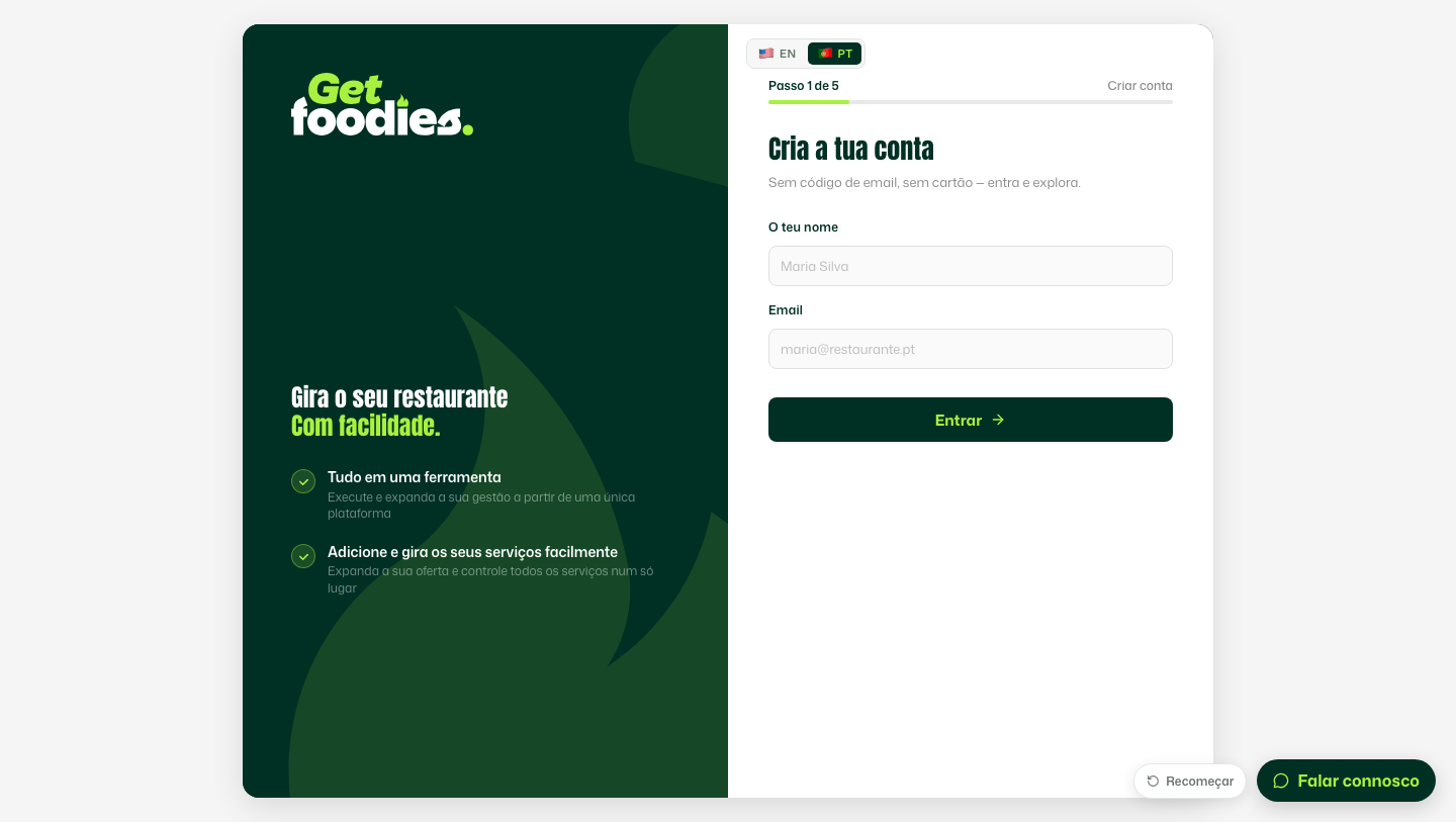 Ecrã de registo e início de configuração de um novo restaurante na GetFoodies